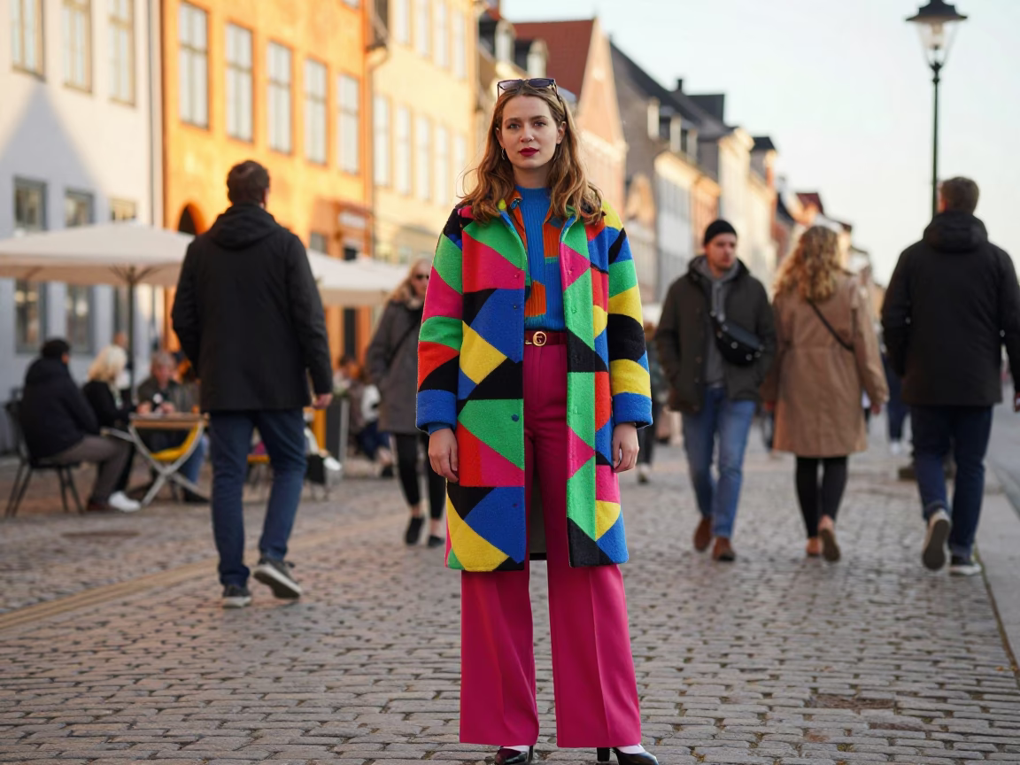Copenhagen Denmark First Light High Fashion Street Style 1980s Colorful Fashion Photography in in Copenhagen, Denmark