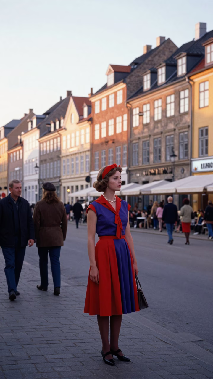 Copenhagen Denmark First Light Street Photography 1960s Fashion Colorful Scene in in Copenhagen, Denmark