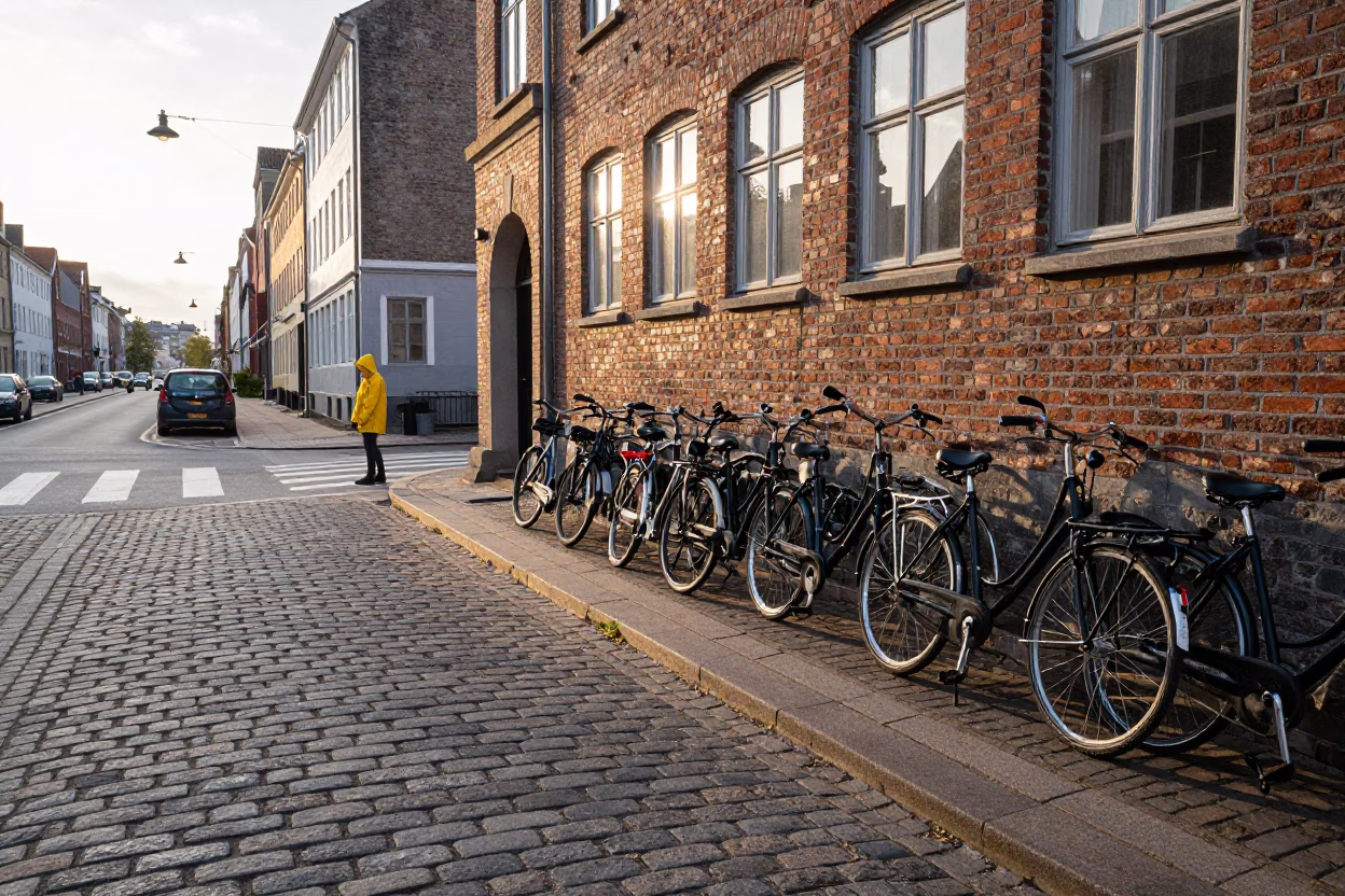 Copenhagen Denmark First Light Street Scene with Bicycle and Urban Details in in Copenhagen, Denmark