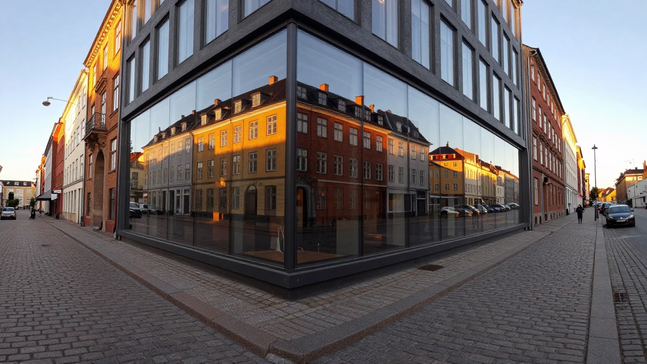 Copenhagen Denmark Golden Hour Street Scene with Clear Glass Wall Reflections and Urban Architecture in in Copenhagen, Denmark