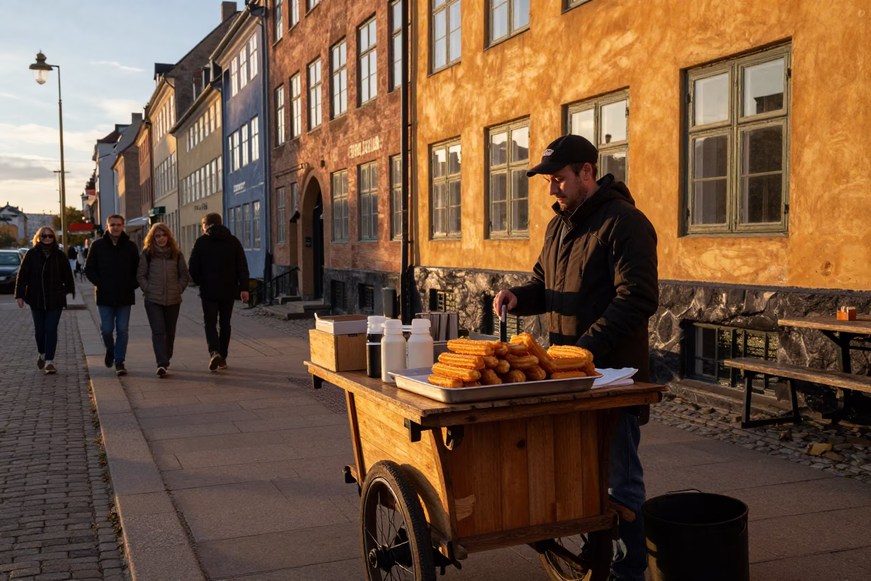 Copenhagen Denmark Golden Hour Street Scene with Traditional Pastries and Local Life in in Copenhagen, Denmark