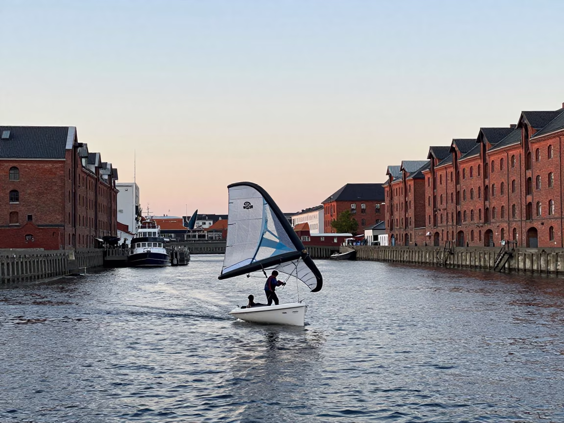 Copenhagen Denmark Harbor Dawn Sailboat Wing on Wing Sailing at First Light in in Copenhagen, Denmark