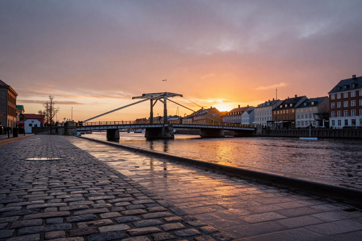 Copenhagen Denmark Harbor Drizzle Drawbridge Deck Markings Shining Under Sunset in in Copenhagen, Denmark