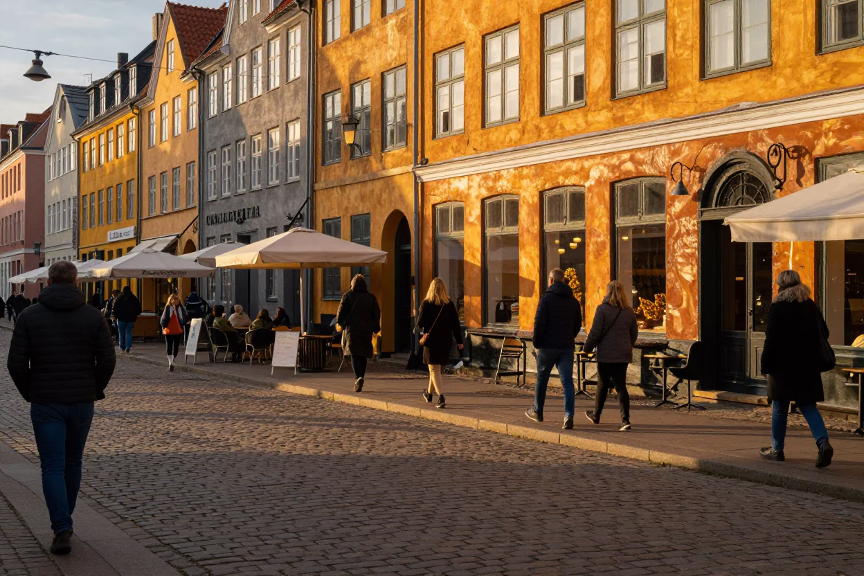 Copenhagen Denmark honeyed evening light bustling street scene with local pedestrians and historic architecture in in Copenhagen, Denmark