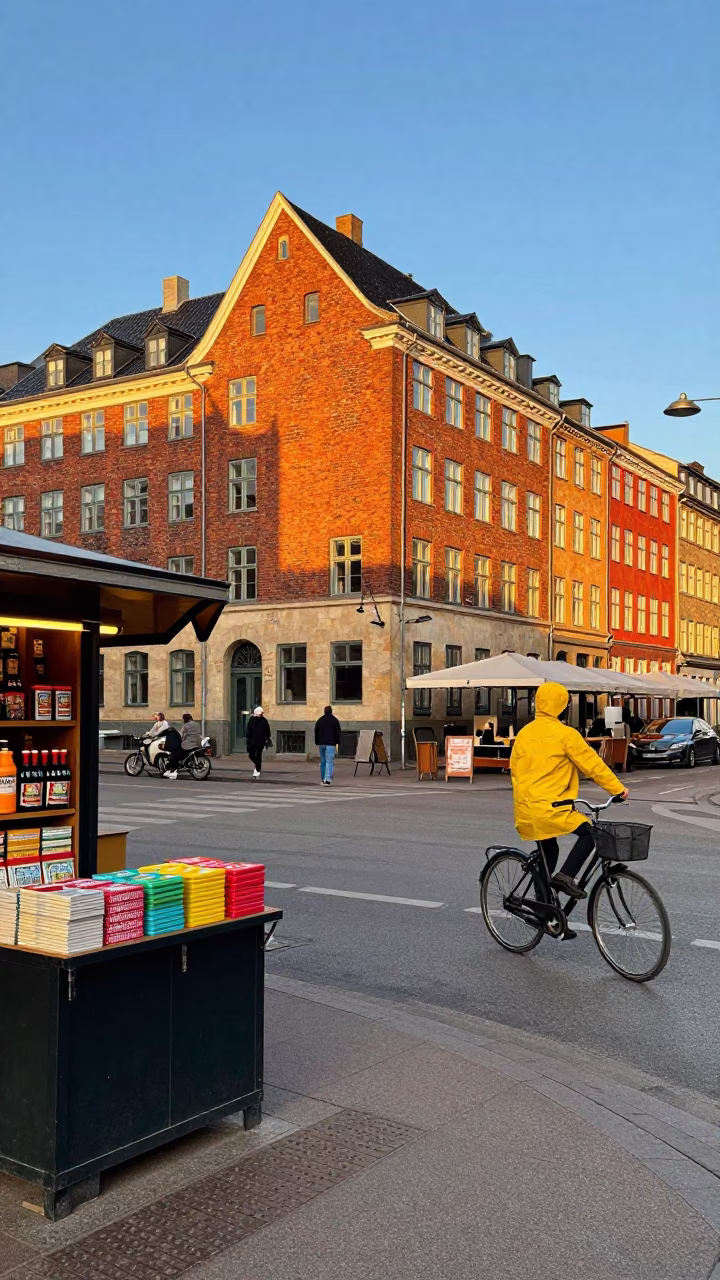 Copenhagen Denmark Honeyed Evening Light Street Scene with Colorful Details in in Copenhagen, Denmark