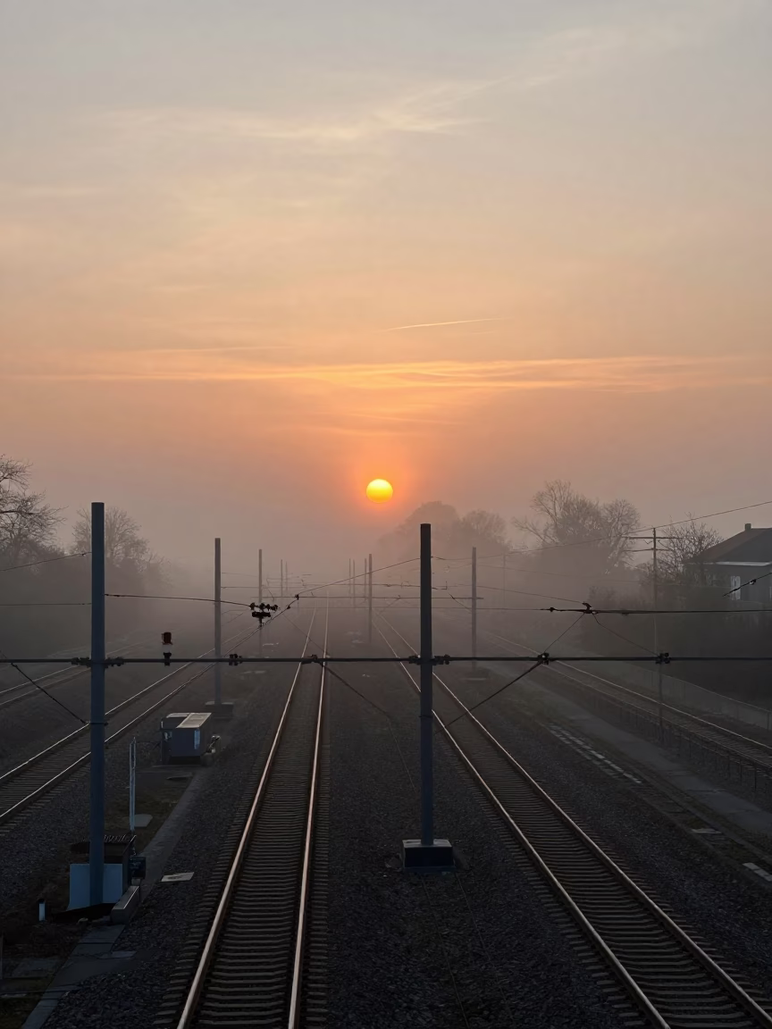 Copenhagen Denmark Horizon Sunset Signal Gantry Above Rail Lines Mist in in Copenhagen, Denmark