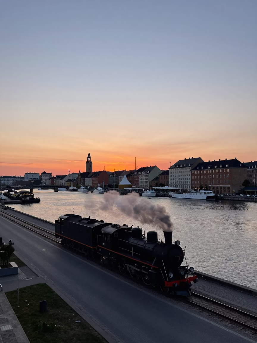 Copenhagen Denmark Horizon Sunset Street Scene with Steam Locomotive Crossing Bridge in in Copenhagen, Denmark