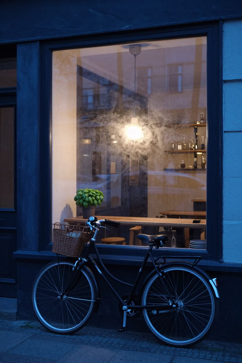 Copenhagen Denmark Indigo Twilight Bicycle Cafe Window Interior Street Scene in in Copenhagen, Denmark