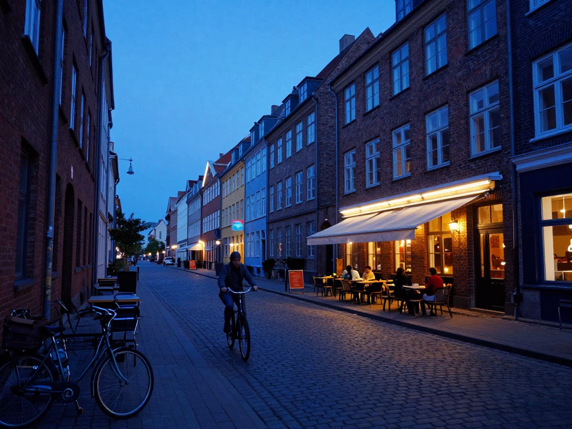 Copenhagen Denmark indigo twilight street scene with bicycle and café details in in Copenhagen, Denmark