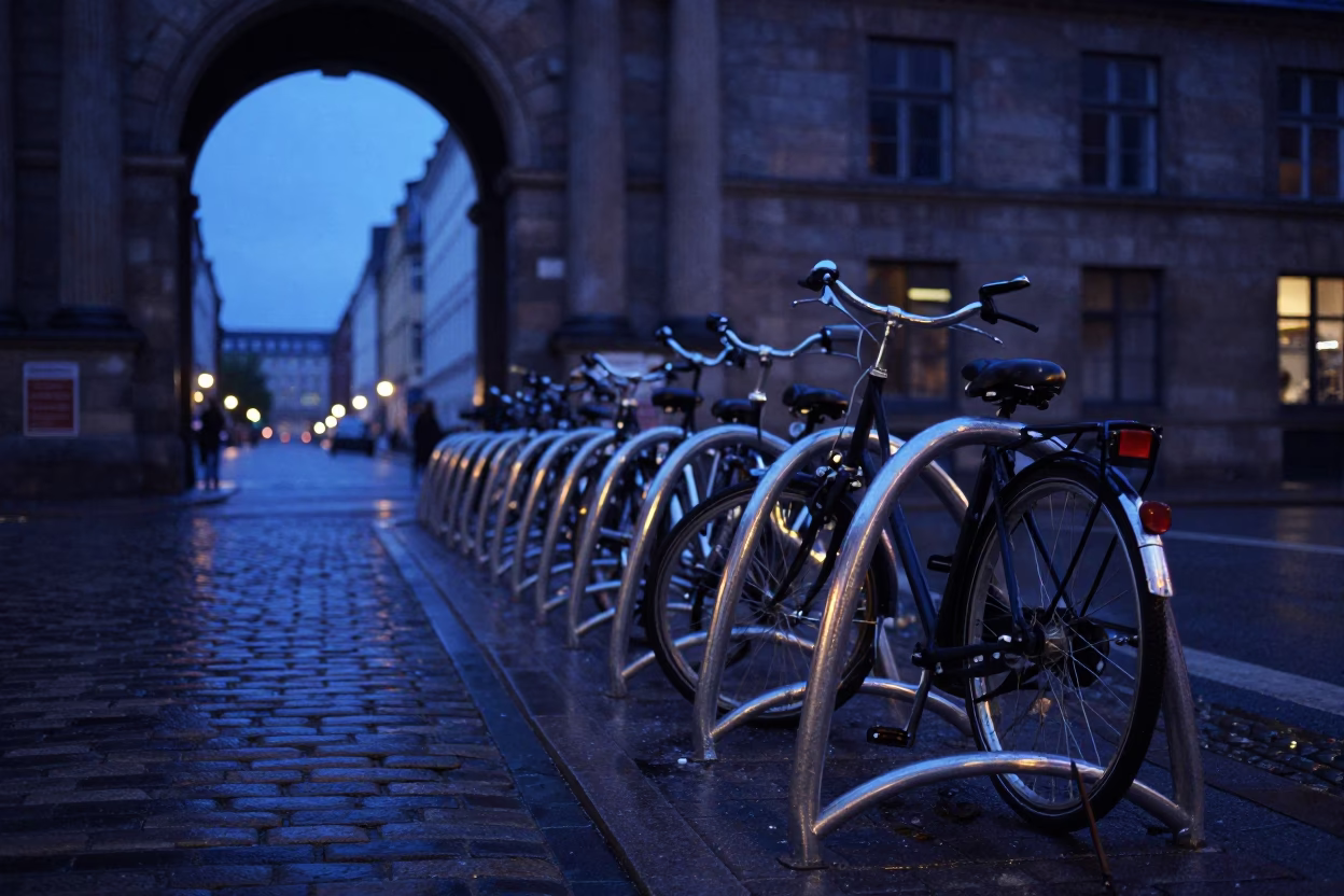 Copenhagen Denmark Indigo Twilight Street Scene with Bicycle Rack and Fruit Vendor in in Copenhagen, Denmark