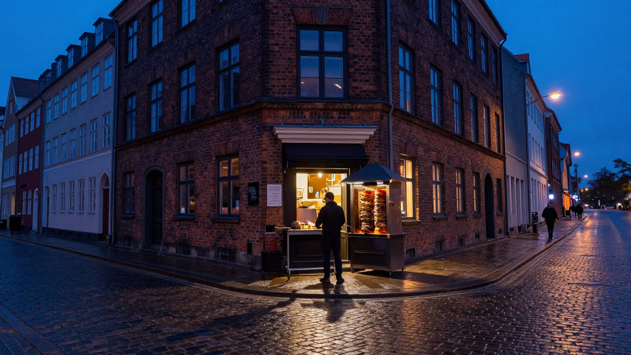 Copenhagen Denmark indigo twilight street scene with kebab grill and urban life in in Copenhagen, Denmark