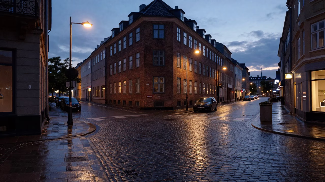 Copenhagen Denmark indigo twilight street scene with wet cobblestones and canal reflections in in Copenhagen, Denmark