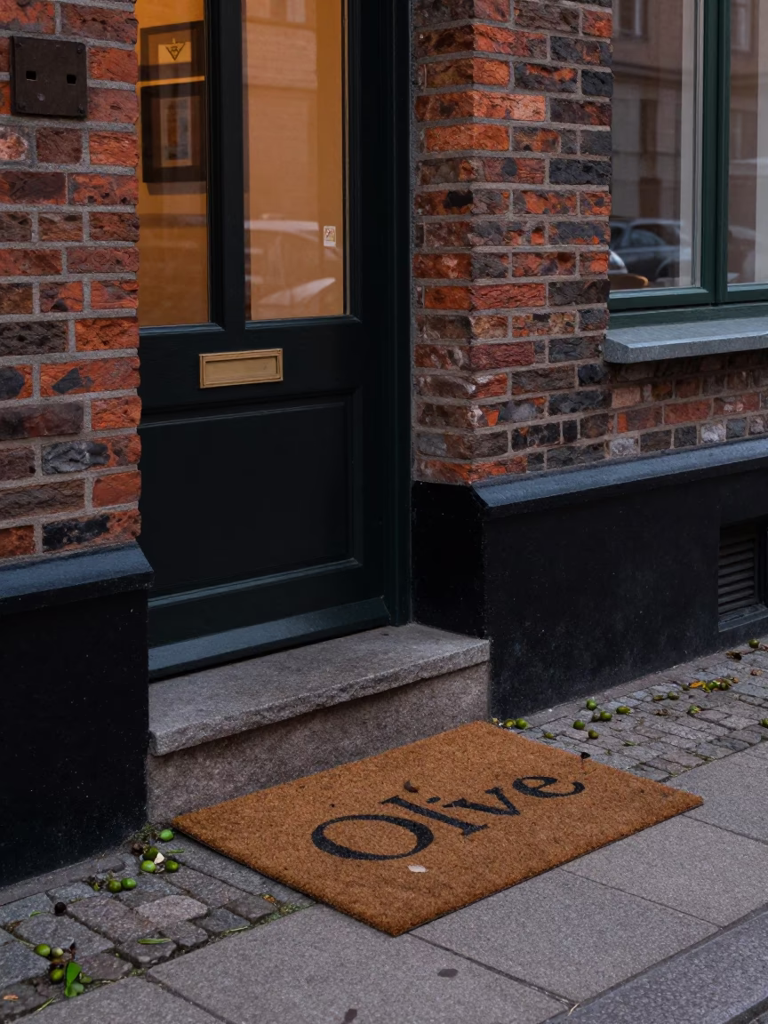 Copenhagen Denmark Late Afternoon Street Scene with Doormat and Olive Dish in in Copenhagen, Denmark