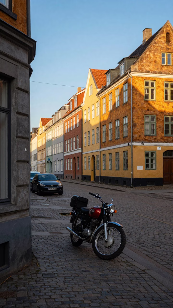 Copenhagen Denmark late afternoon street scene with vintage motorcycle and historic architecture in in Copenhagen, Denmark
