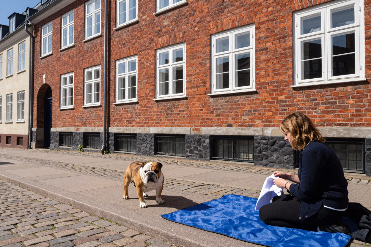 Copenhagen Denmark Midday Street Scene with Bulldog and Picnic Blanket in in Copenhagen, Denmark