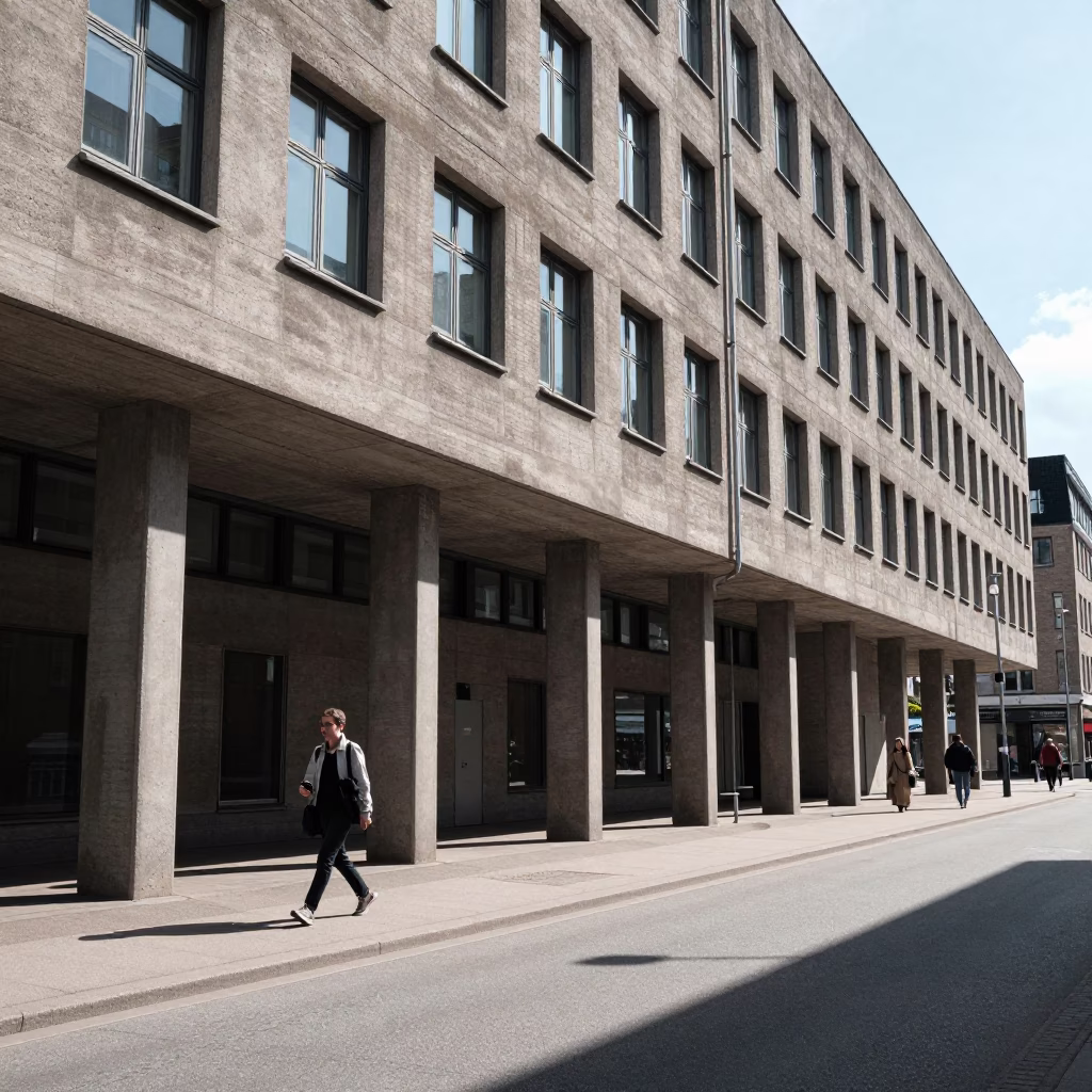Copenhagen Denmark midday street scene with concrete brutalist architecture and local pedestrian life in in Copenhagen, Denmark