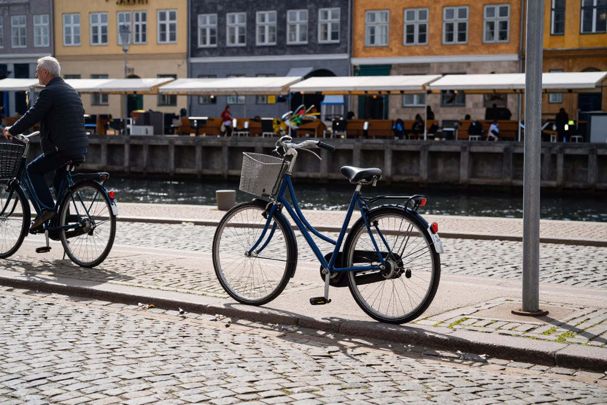 Copenhagen Denmark Midday Street Scene with Vintage Bicycle and Cobblestone Pathway in in Copenhagen, Denmark