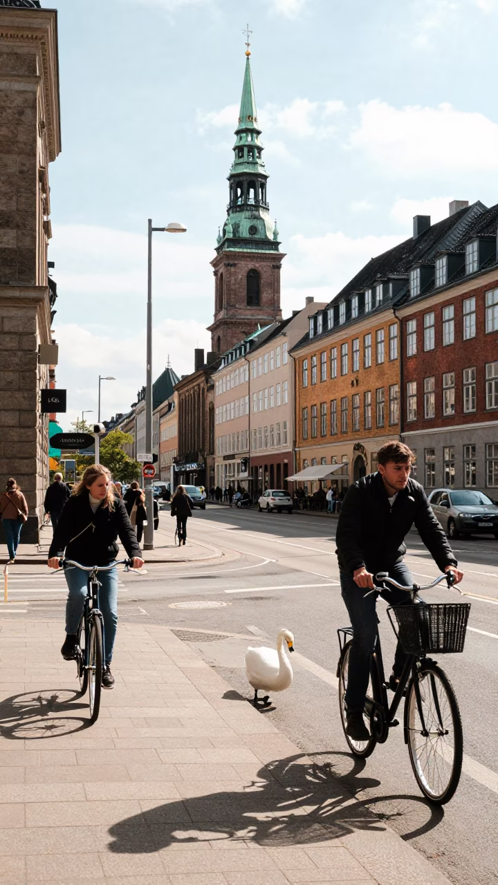 Copenhagen Denmark Midmorning Street Scene with Bicycle and Swan Pedal Boat on Lake in in Copenhagen, Denmark