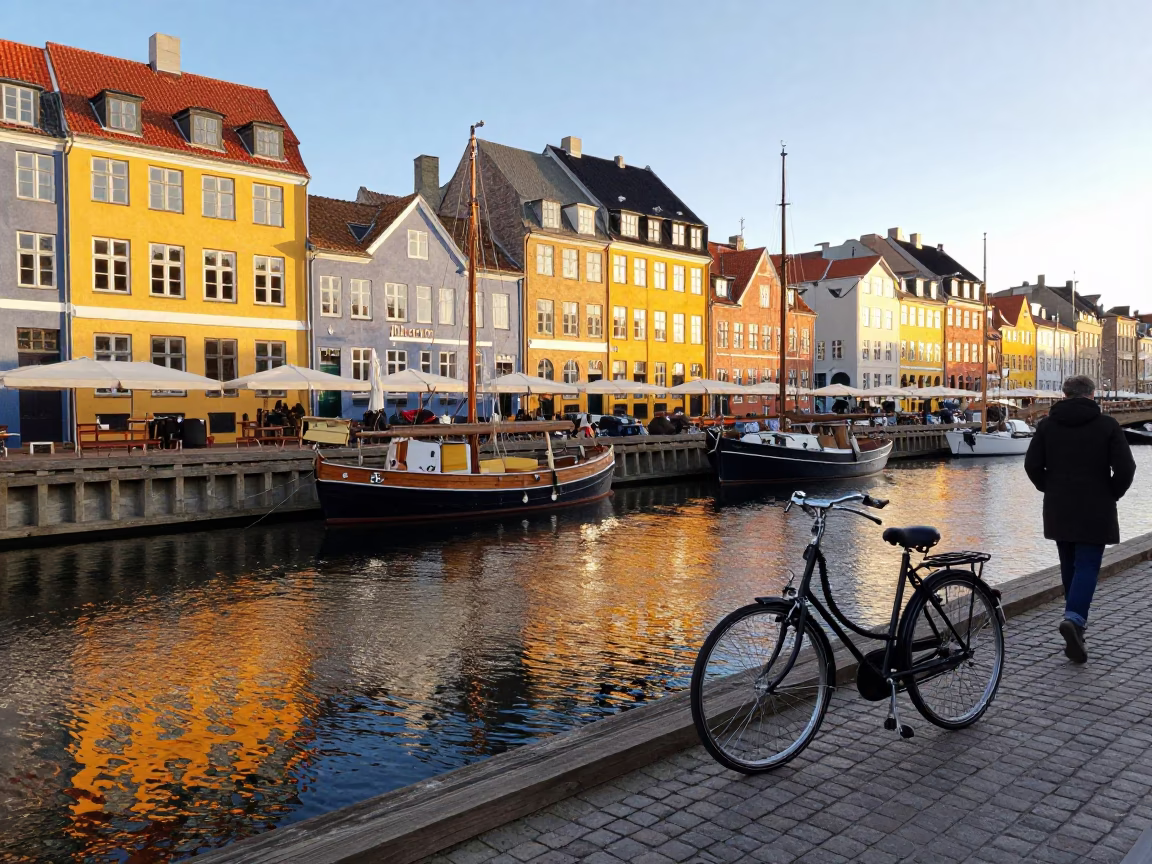 Copenhagen Denmark Morning Light on Nyhavn Canal with Vintage Bicycle and Brick Facades in in Copenhagen, Denmark
