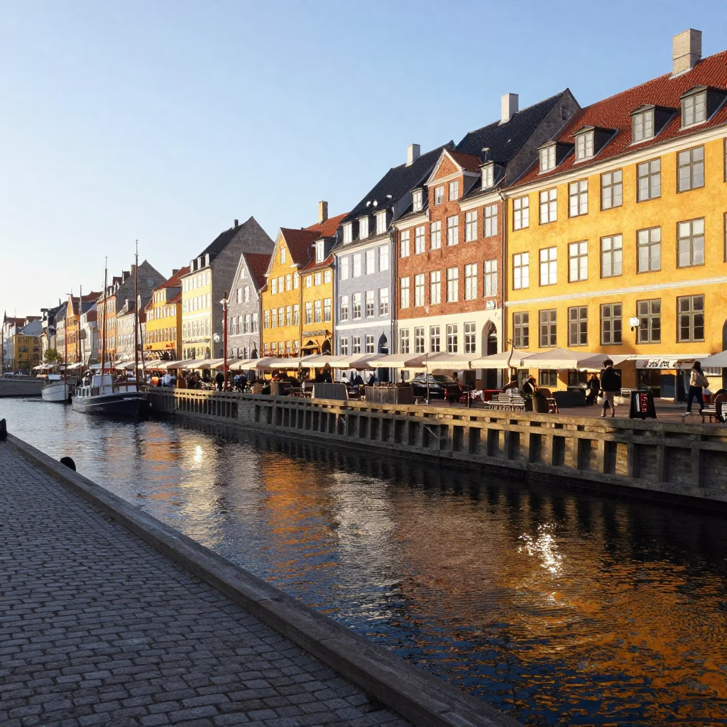 Copenhagen Denmark Morning Light on Nyhavn Colorful Facades and Canal Water Reflections in in Copenhagen, Denmark