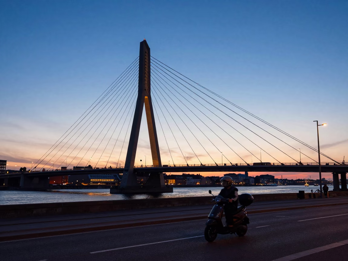 Copenhagen Denmark Nautical Dawn Cable Stayed Bridge Illuminated Dark Harbor Street Scene in in Copenhagen, Denmark