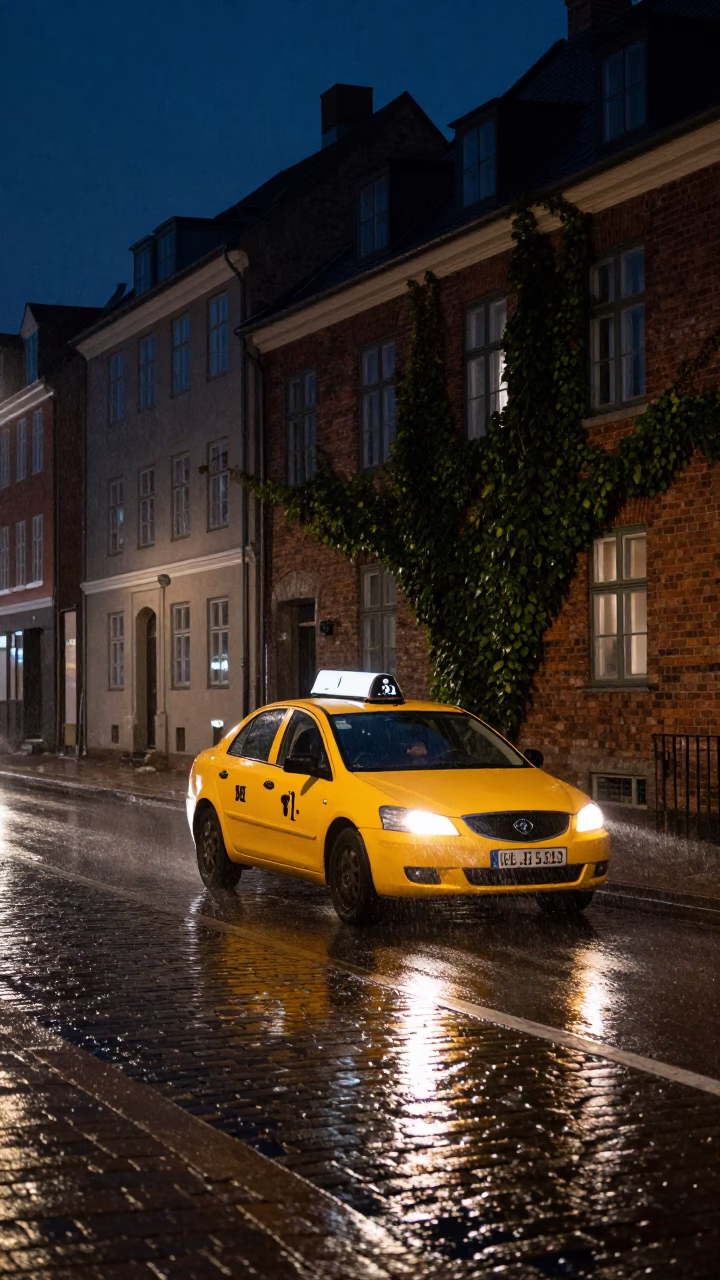 Copenhagen Denmark Night Street Scene with Yellow Taxi in Rain and Brick Architecture in in Copenhagen, Denmark