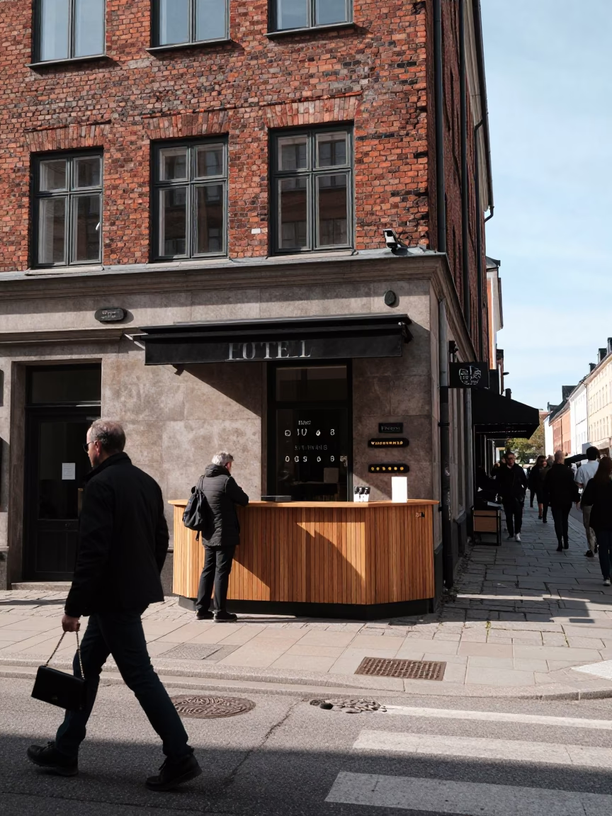 Copenhagen Denmark Noon Street Scene with Reception Desk and Keycards in in Copenhagen, Denmark