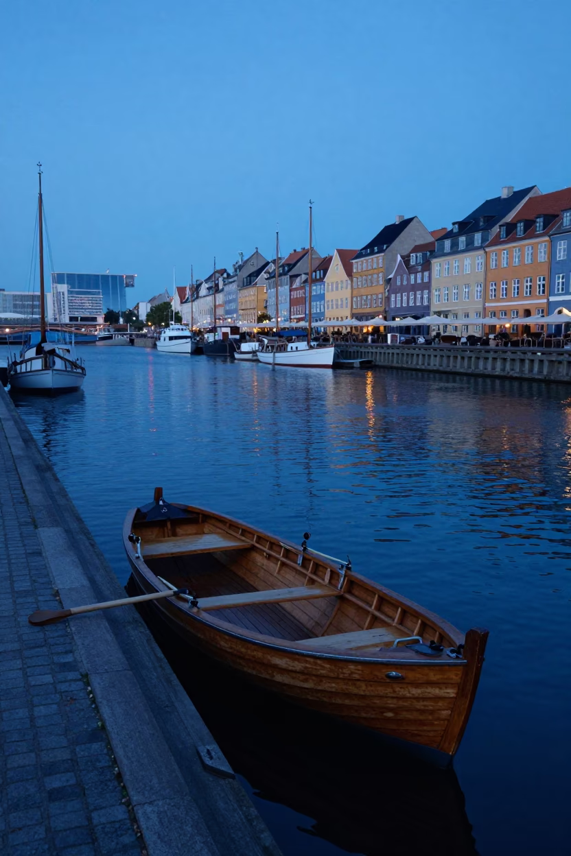 Copenhagen Denmark Pre-Dawn Harbor with Rowing Boat and Turnbuckle in in Copenhagen, Denmark