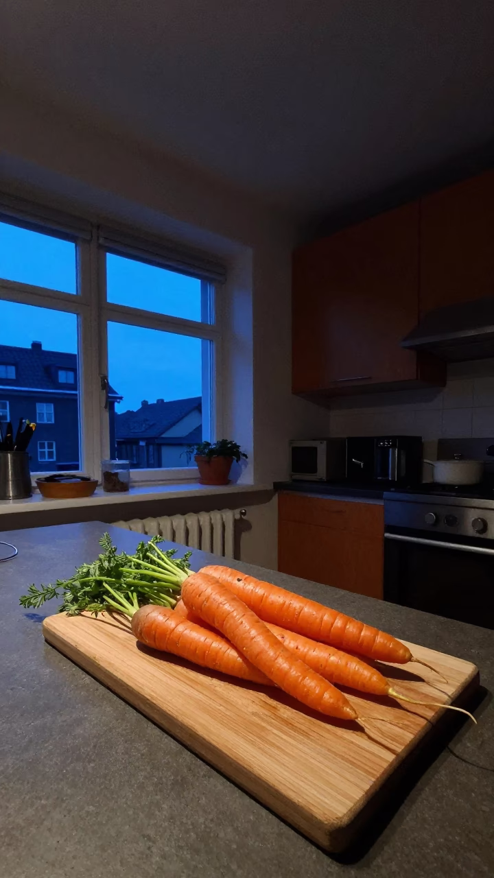 Copenhagen Denmark Pre-Dawn Kitchen Scene with Carrots and Cutting Board in in Copenhagen, Denmark
