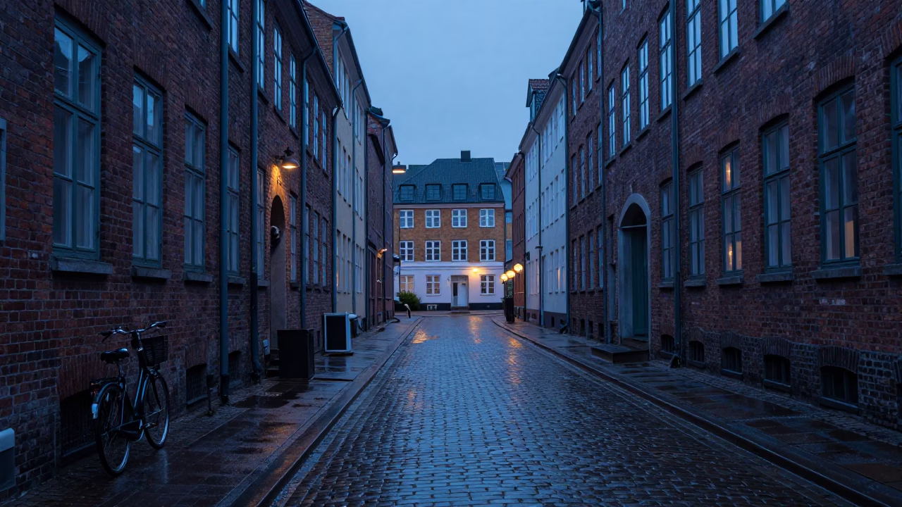 Copenhagen Denmark Pre-Dawn Street Scene with Bicycle and Brick Architecture in in Copenhagen, Denmark