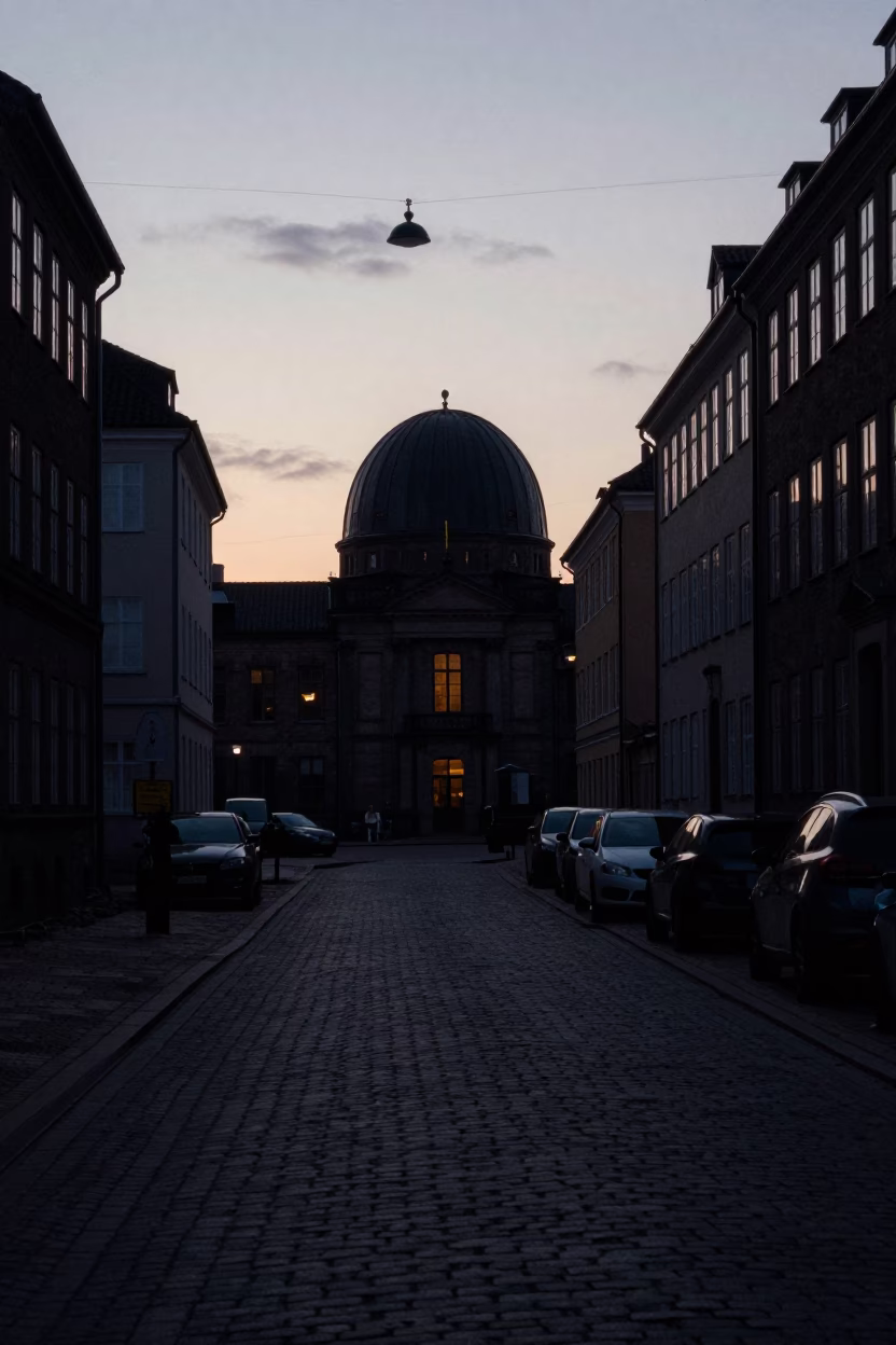 Copenhagen Denmark Pre-Dawn Street Scene with Observatory Dome Silhouette and Drifting Ground Fog in in Copenhagen, Denmark