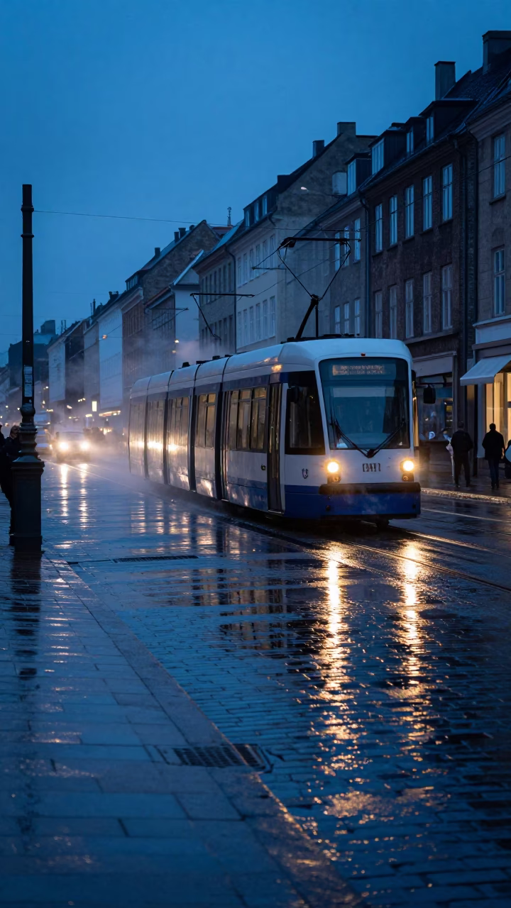 Copenhagen Denmark Pre-Dawn Street Scene with Tram Reflections on Wet Cobblestones in in Copenhagen, Denmark