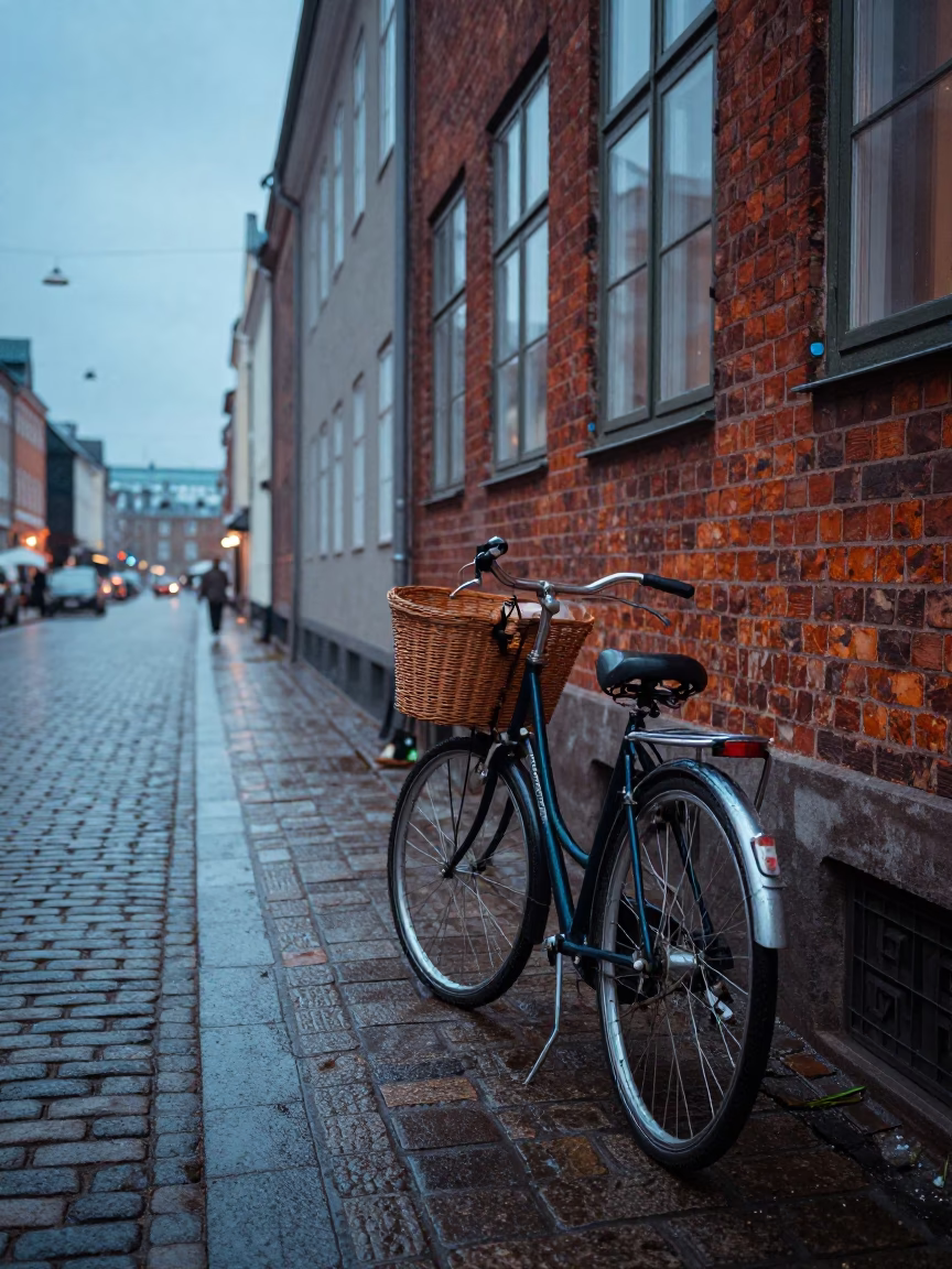 Copenhagen Denmark pre-dawn street scene with vintage 1960s aesthetics and local daily life in in Copenhagen, Denmark