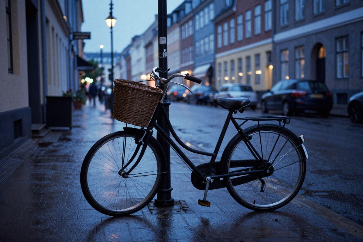 Copenhagen Denmark pre-dawn street scene with vintage bicycles and wet cobblestones in in Copenhagen, Denmark