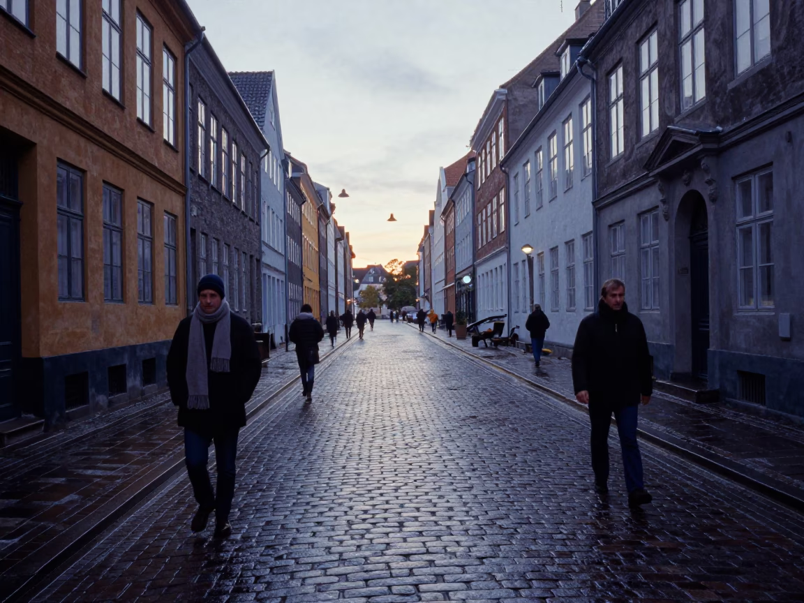 Copenhagen Denmark pre-dawn street scene with wet cobblestones and early morning commuter activity in in Copenhagen, Denmark