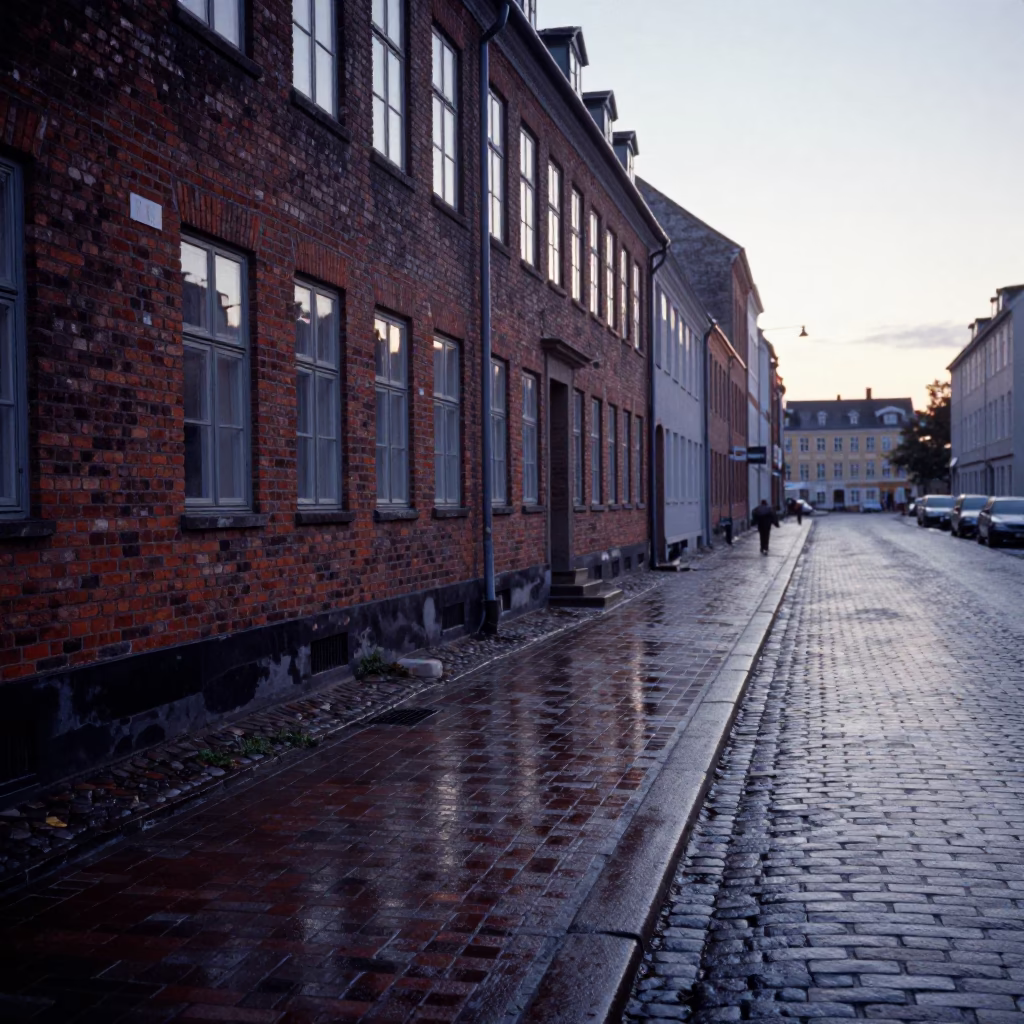Copenhagen Denmark Pre-Dawn Street Scene with Wet Pavement and Brick Architecture in in Copenhagen, Denmark