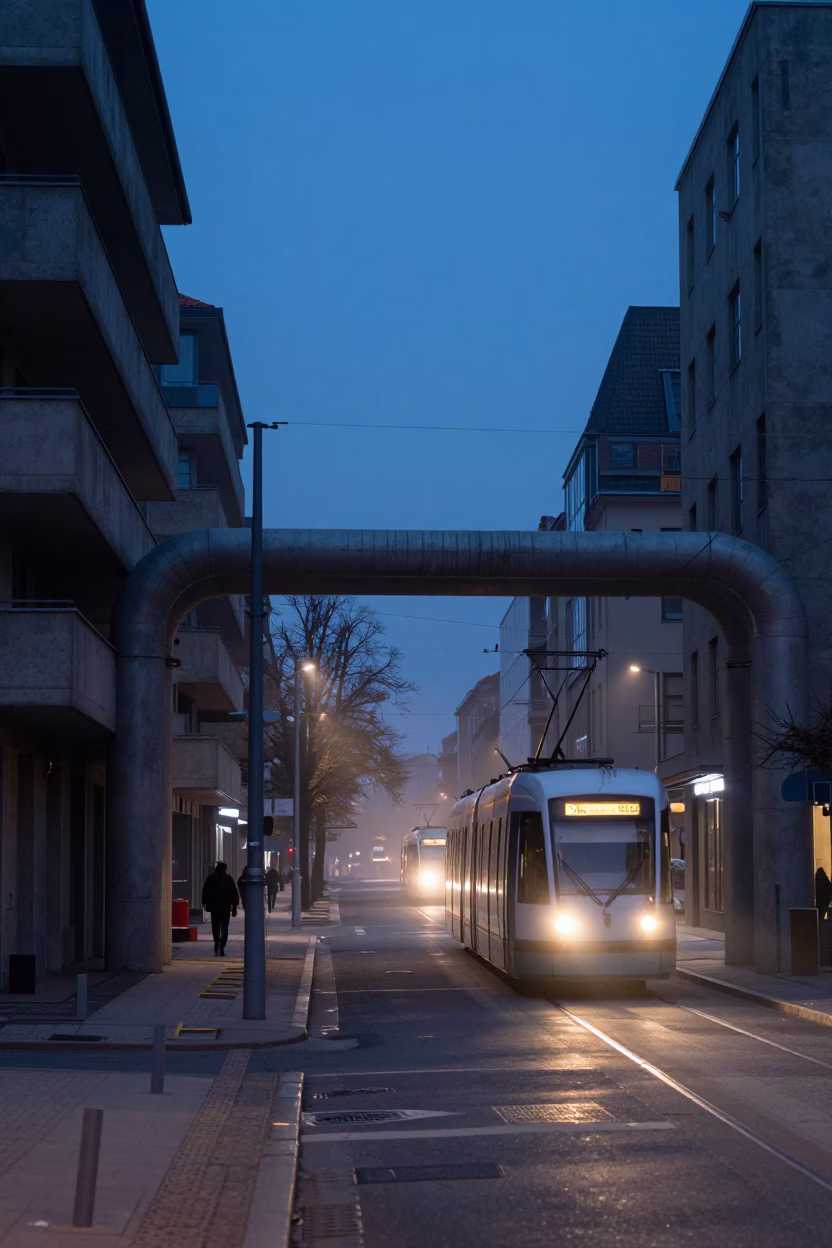 Copenhagen Denmark Predawn District Heating Pipes Concrete Apartment Blocks Tram Car Tree Lined Boulevard in in Copenhagen, Denmark