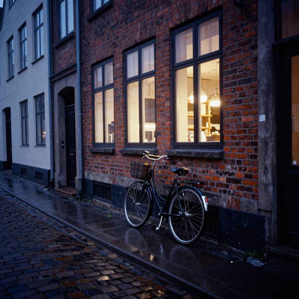 Copenhagen Denmark Predawn Street Scene Bicycle Bakery Brick Facade in in Copenhagen, Denmark