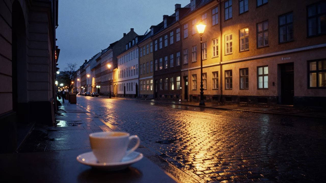 Copenhagen Denmark Predawn Street Scene with Coffee Cupper and Silver Spoon in in Copenhagen, Denmark