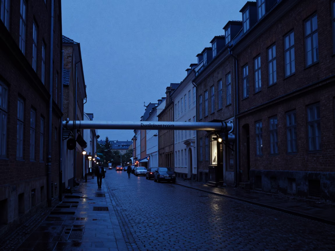 Copenhagen Denmark Predawn Street Scene with District Heating Pipes and Tram in in Copenhagen, Denmark