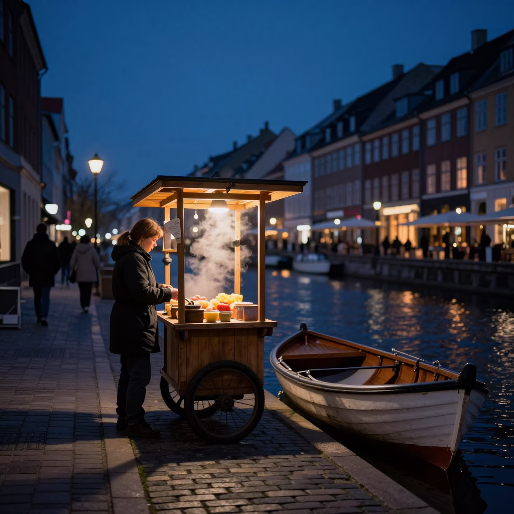 Copenhagen Denmark Predawn Street Scene with Tea Seller and Rowboat in in Copenhagen, Denmark