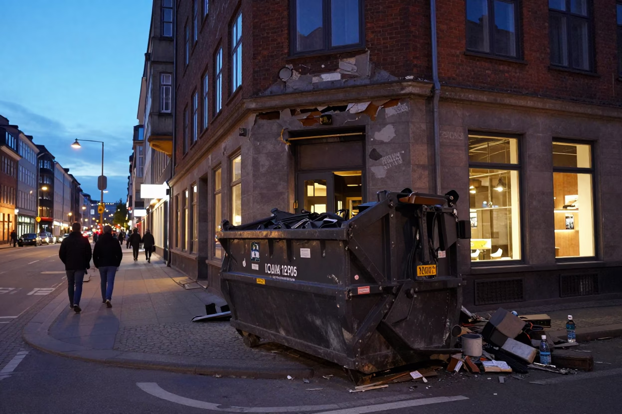 Copenhagen Denmark Street Scene at Dusk with Demolition Dumpster and Brushed Steel Shelf Bracket in in Copenhagen, Denmark