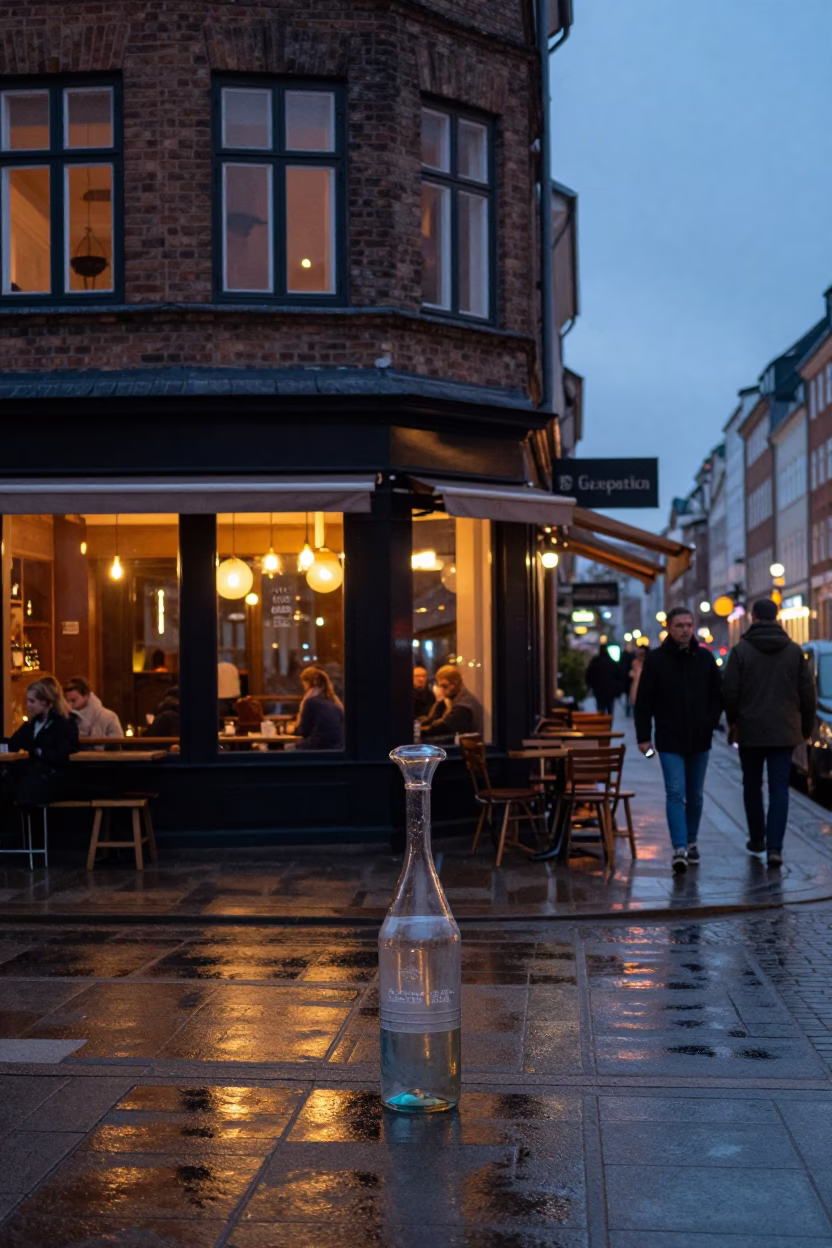 Copenhagen Denmark Street Scene at Dusk with Vintage Glass Carafe and City Lights in in Copenhagen, Denmark