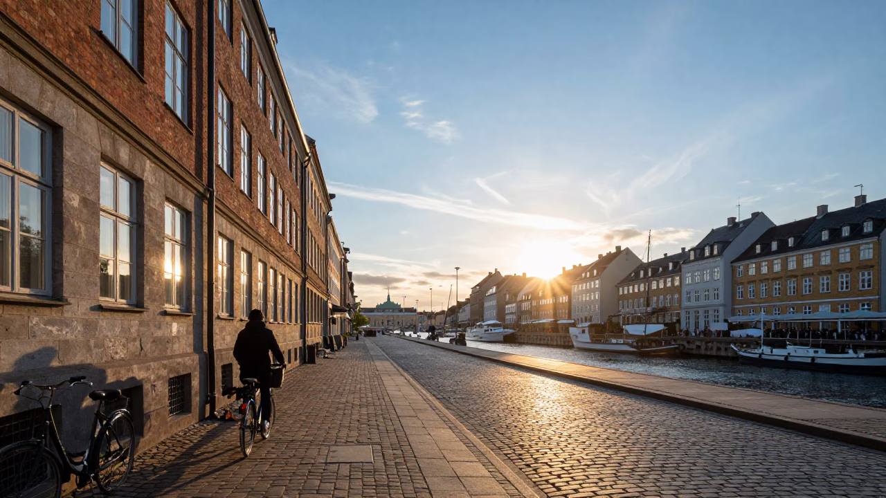 Copenhagen Denmark Street Scene at Sunset with Blue and White Porcelain and Brass Details in in Copenhagen, Denmark
