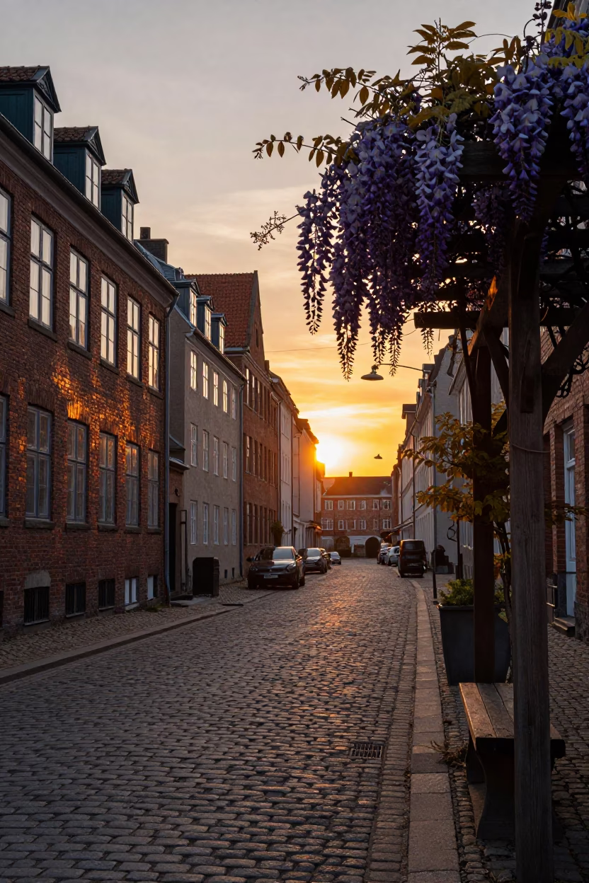 Copenhagen Denmark street scene at sunset with wisteria pergola and brass plate in in Copenhagen, Denmark