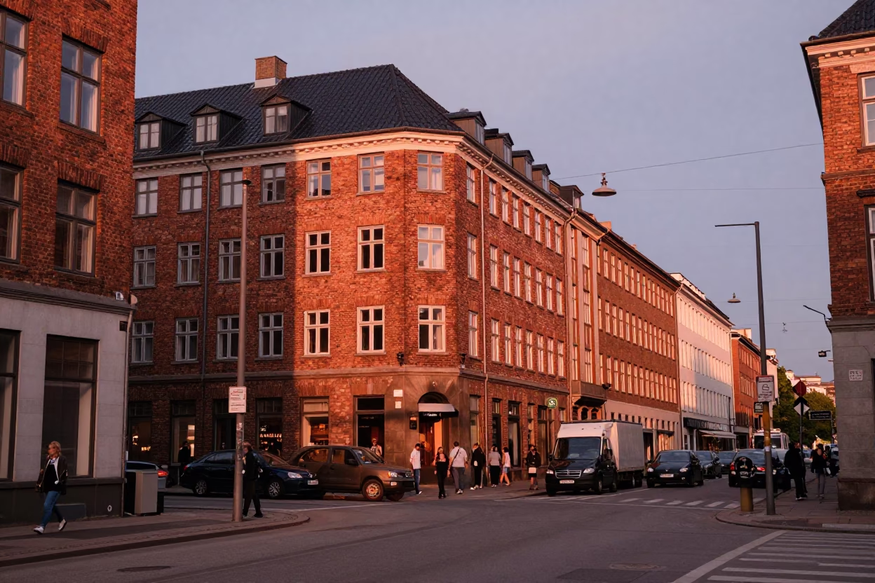 Copenhagen Denmark street scene copper dusk light busy 1960s architecture and people in in Copenhagen, Denmark