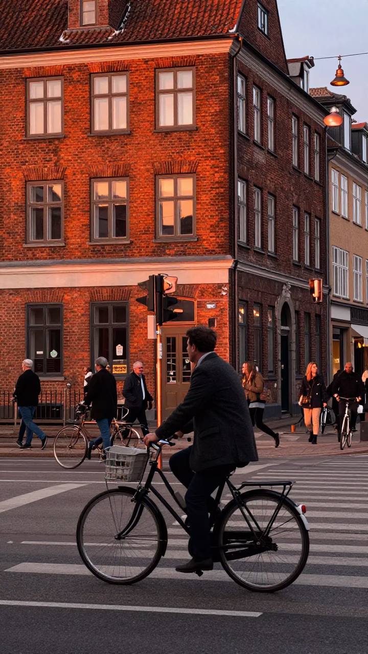 Copenhagen Denmark street scene copper light 1980s bicycle commuter passing brick facade in in Copenhagen, Denmark