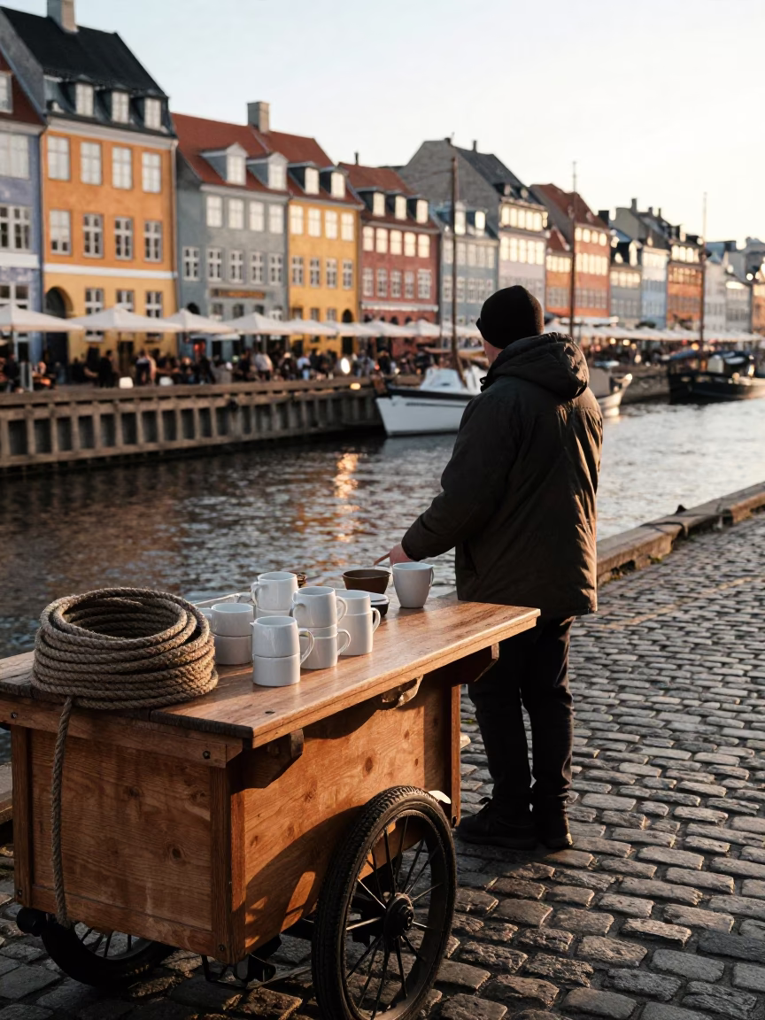 Copenhagen Denmark street scene just after sunrise with ceramic mugs and coiled rope in in Copenhagen, Denmark