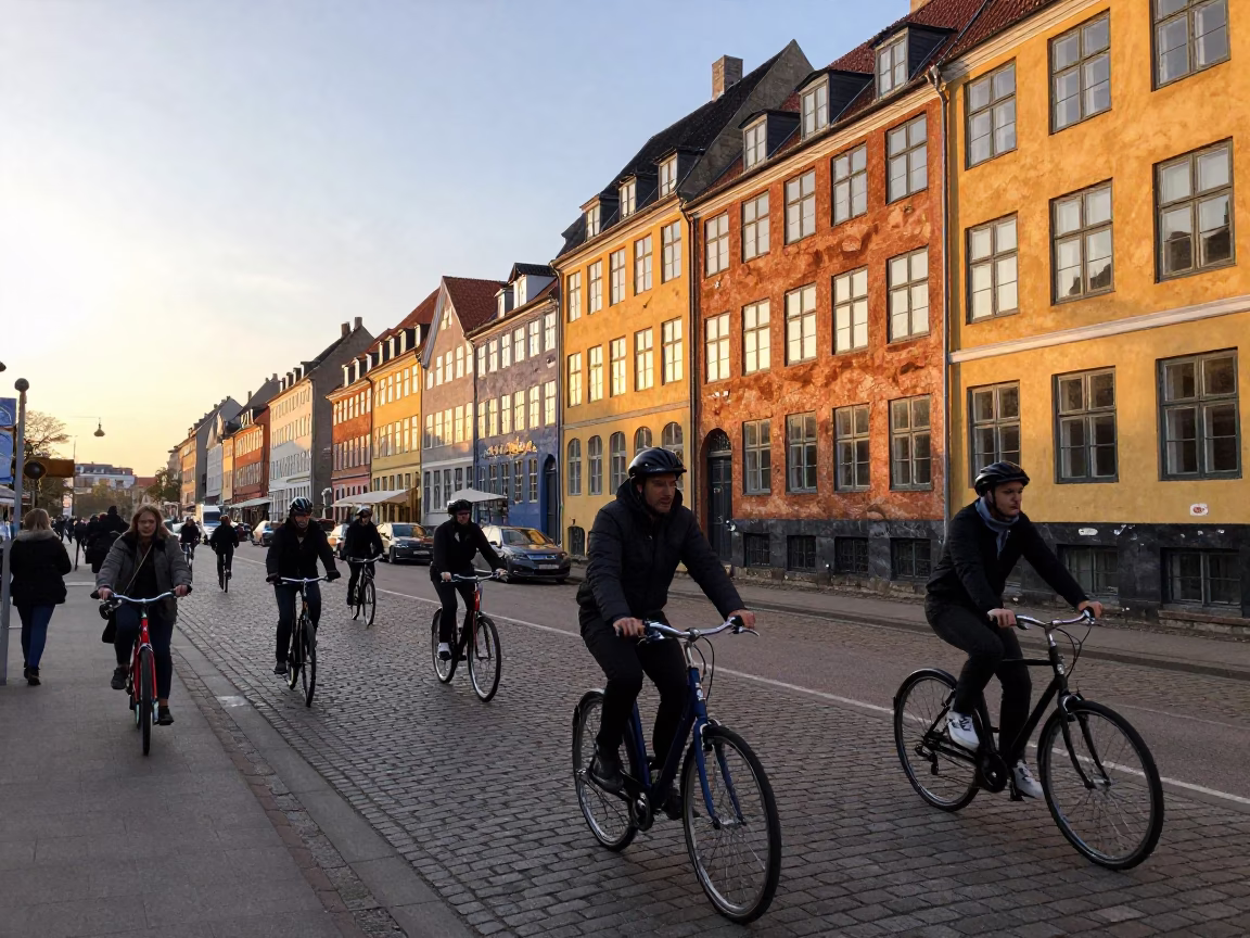 Copenhagen Denmark street scene just after sunrise with cyclists and historic architecture in in Copenhagen, Denmark