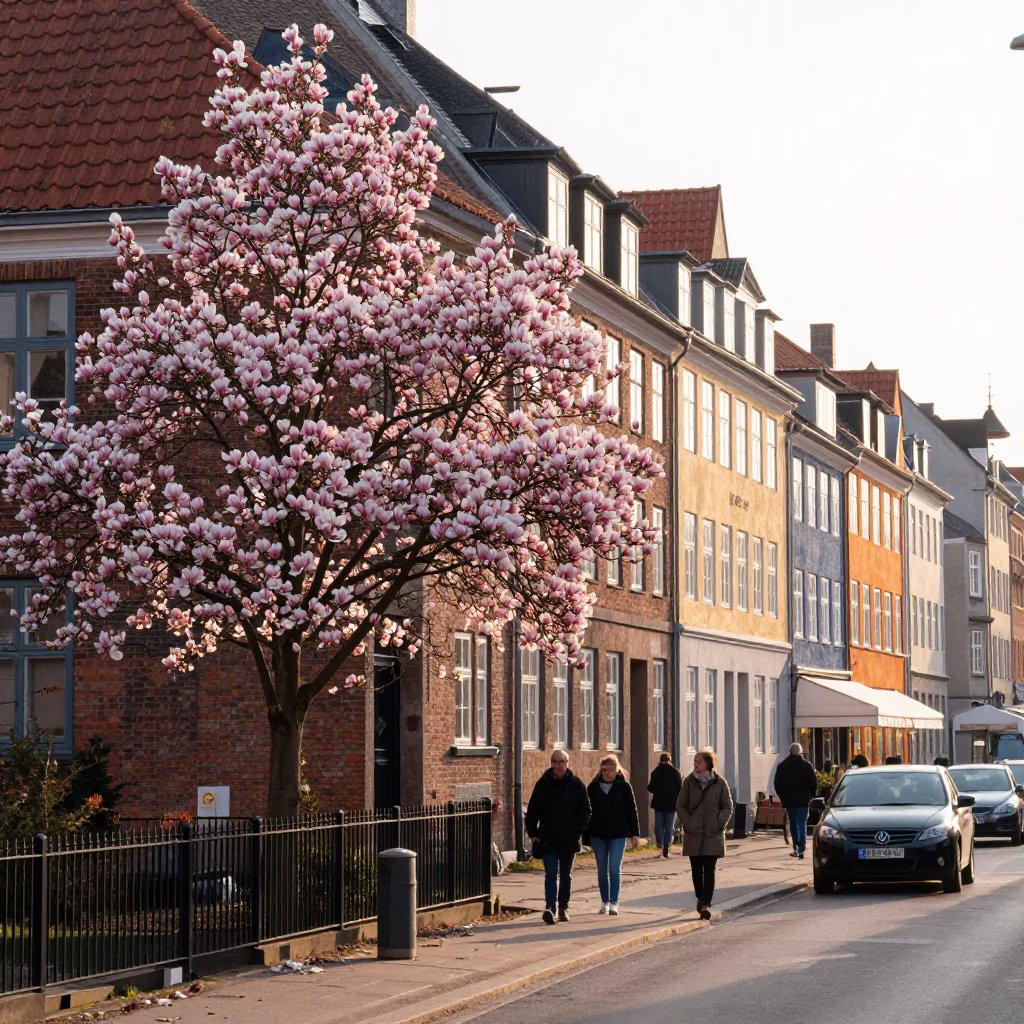 Copenhagen Denmark Street Scene Just After Sunrise with Magnolia Bloom and Morning Commuters in in Copenhagen, Denmark